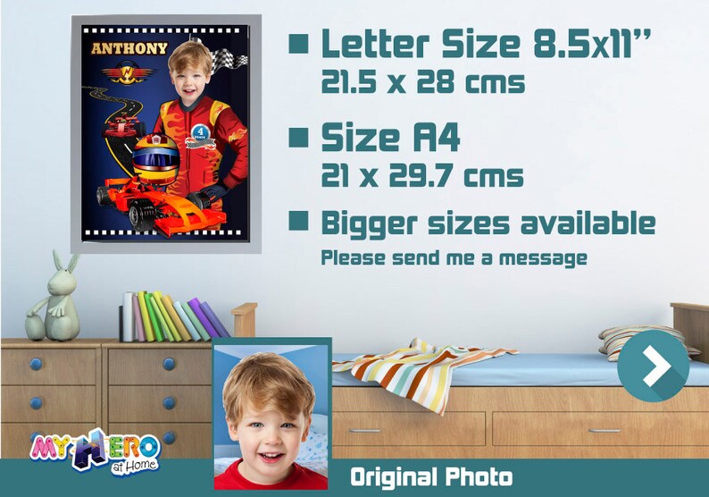 May include: A personalized poster featuring a child dressed as a race car driver with the name "ANTHONY" at the top. The poster is framed and has a blue background with a race track and a red race car. The poster is available in Letter size (8.5x11 inches) and A4 size (21x29.7 cm).