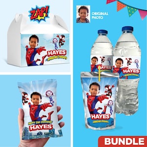 Set of matching snacks labels for a Spidey theme Party personalized with photo, Spidey water, Chip bags, Juice pouch, gable boxes. 740B3