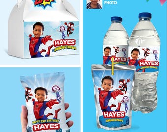 Set di etichette per snack da festa di Spidey personalizzate con foto (etichette, bomboniere). 740B3