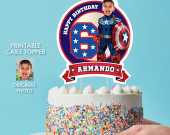 Adorno personalizado para tarta del Capitán América con foto, imprimible para tarta de cumpleaños de superhéroe. 075BCT