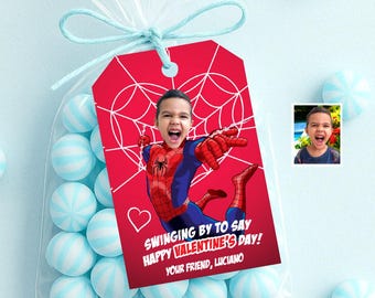 Spiderman Valentines Tag mit Kind als Stern, Spiderverse Valentinstagskarten. 2396