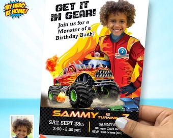 Monster Truck Party Invitation with your kid as the star, Get it in Gear birthday template, Monster Bash Birthday invite. 2000IN