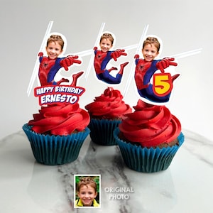 Personalized Spider-Man Cupcake Toppers with your Photo, Custom Superhero Cupcakes, Spiderman Party desserts, Print, Cut & Assemble. 101CK