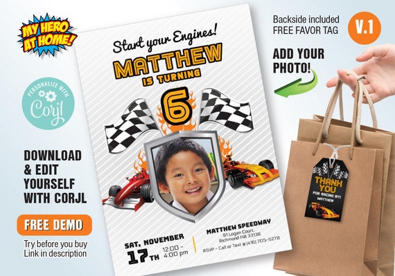 Racing Car Invitation with Photo , Race Car Editable Invitation, Race Car party Invitation, Race Car thank you tags. 1024 Il_570xn