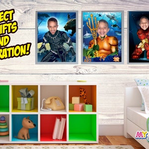 May include: Three framed superhero portraits hang on a white wood-paneled wall. The portraits feature a young person's face superimposed on superhero bodies: Black Panther, Aquaman, and Iron Man. A white storage unit with colorful cubbies is in the foreground.