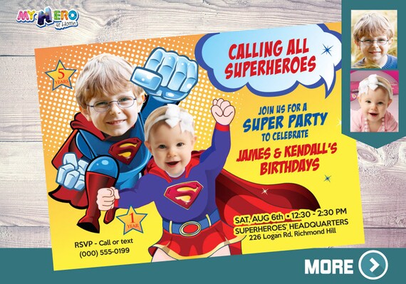 Superman & Supergirl Invitation. Super Siblings Invitation. Joint Superheroes Party. Super Brother and Super Baby Sister Invitation. 119 Il_570xn