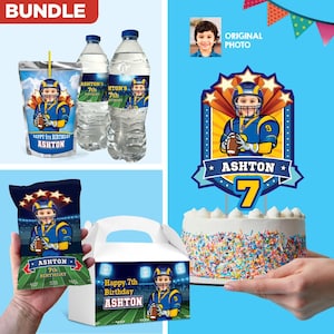 May include: A birthday party bundle with a football theme. It includes water bottles, a juice box, a snack bag, a cake topper, and a handled box, all with a football player graphic, the name "Ashton" and the number 7.