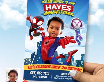 Custom Spidey and his friends party Invitation featuring birthday boy as Spiderman. 740IN