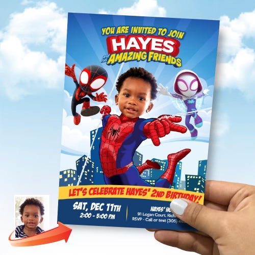 Custom Spidey and his friends party Invitation featuring birthday kid as Spiderman. 740IN