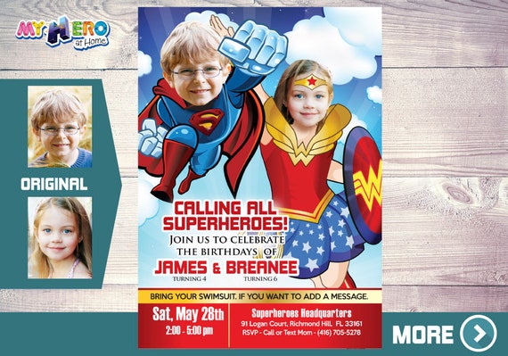 Superman & Wonder Woman Invitation. Joint Justice League party. Wonder Woman and Superman Party. Justice League Siblings Party. 134 Il_570xn