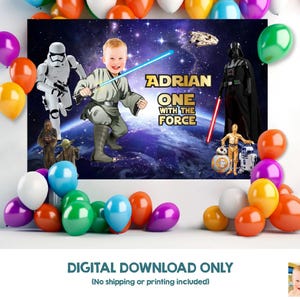 Baby Jedi Banner with photo, Custom Jedi 1st Birthday Backdrop, Baby youngling Jedi Star Wars Banner, May the force baby Backdrop. 2363BB