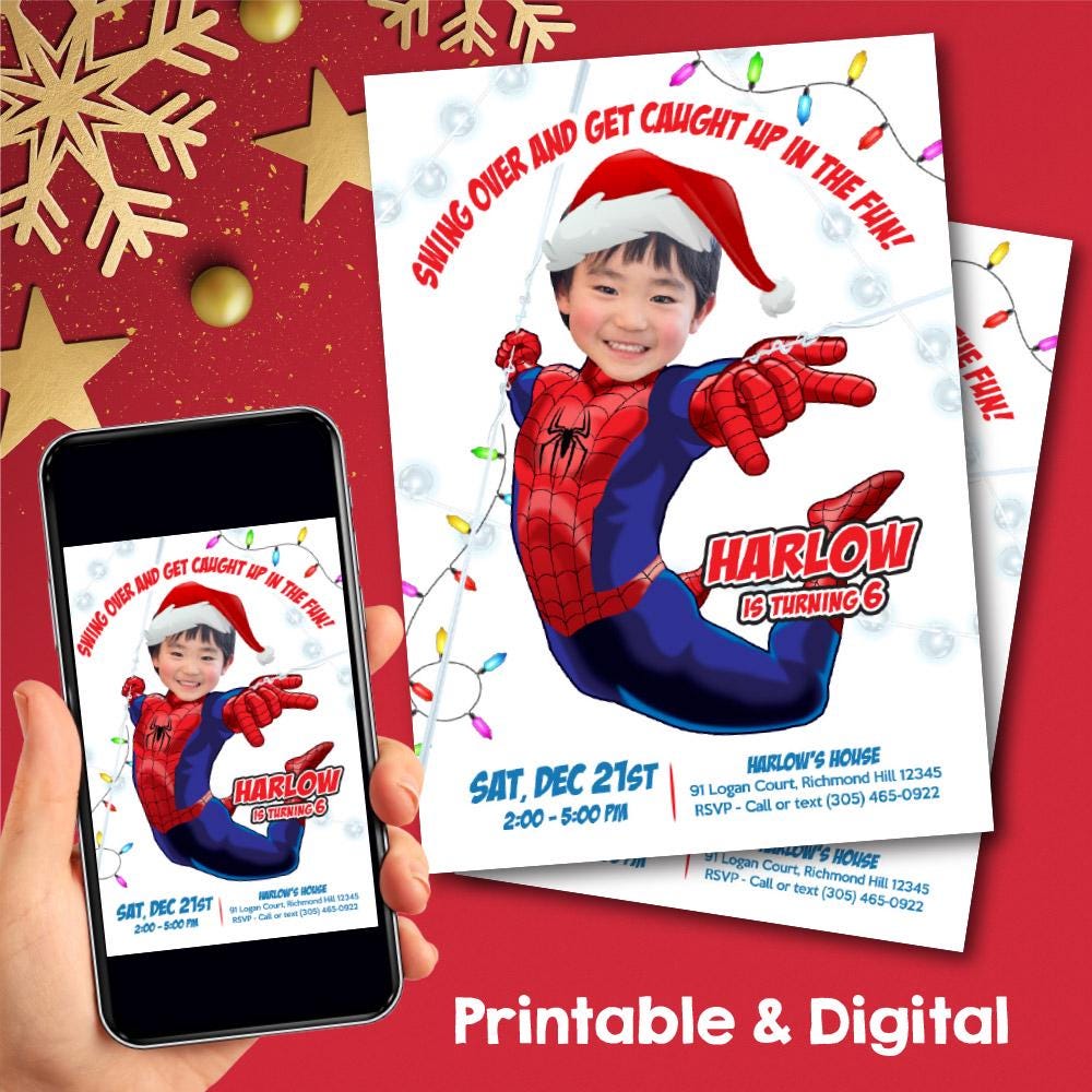 Spiderman Christmas Birthday Invitation With Kid as the Star, Christmas  Theme Party. 2136IN - Etsy, image size:1000x1000