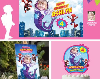Gwen Stacy Party decoration Bundle  with photo:Banner / Backdrop, Cake Topper, Welcome Sign. 2039B4