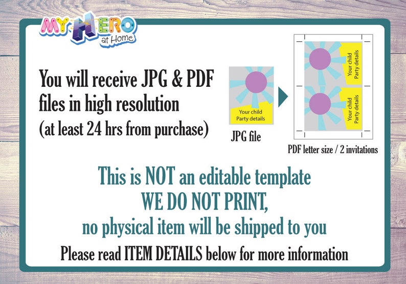 K&ouml;nnte beinhalten: Digitale Einladungsvorlage mit einem Sonnenstrahl-Design, mit einem lila Kreis und gelben Akzenten. Der Text lautet: "Sie erhalten JPG- und PDF-Dateien in hoher Aufl&ouml;sung". Das Bild zeigt auch eine Beispiel-JPG-Datei und ein PDF-Layout.