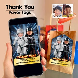 Joint Darth Vader and Stormtrooper thank you with photos, Darth Vader and Stormtrooper favor tags, Darth Vader Stormtrooper favors. 845BTY