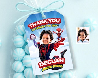 Spin and friends Thank You with kid as the star, Spin Miles Morales Favor Tags. 2104TY
