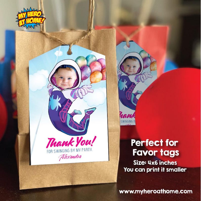May include: A colorful thank you tag with a cartoon image of a child dressed as Spider-Man. The tag has the text "Thank You!" and "For swinging by my party. Alexandra". The tag is perfect for a birthday party favor.