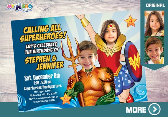 Aquaman and Wonder Woman Invitation. Superheroes Birthday Invitation. Joint superheroes party. Wonder Woman and Aquaman Party. 387 Il_570xn