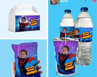Bundle Miles Morales Party snacks matching items with photo: drinks, favors, Chips. 399B3