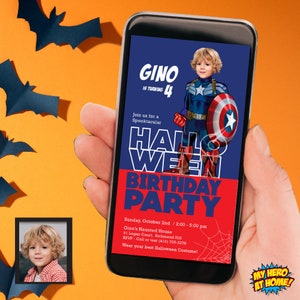 Puede incluir: Una invitación digital para una fiesta de cumpleaños de Halloween para un niño llamado Gino que cumple 4 años. La invitación presenta una foto de Gino vestido como el Capitán América, con el texto "Gino cumple 4 años" y "Únete a nosotros para una fiesta de cumpleaños de Halloween espectacular". La invitación también incluye la fecha, la hora y el lugar de la fiesta, así como un número de RSVP.