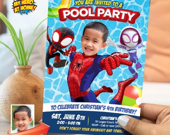 Invitation à une fête à la piscine de Spidey et ses amis avec un enfant en Spiderman. 862