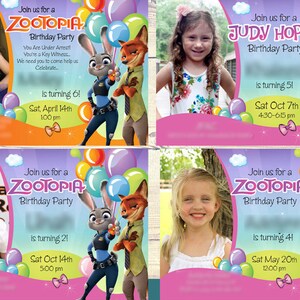 Puede incluir: Cuatro invitaciones de cumplea&ntilde;os con tem&aacute;tica de Zootopia. Cada una presenta una foto de un ni&ntilde;o junto a los personajes Judy Hopps y Nick Wilde. Las invitaciones incluyen la fecha, la hora y la edad del ni&ntilde;o. El dise&ntilde;o es colorido con globos.