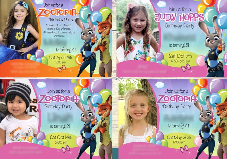 Puede incluir: Cuatro invitaciones de cumplea&ntilde;os con tem&aacute;tica de Zootopia. Cada una presenta una foto de un ni&ntilde;o junto a los personajes Judy Hopps y Nick Wilde. Las invitaciones incluyen la fecha, la hora y la edad del ni&ntilde;o. El dise&ntilde;o es colorido con globos.