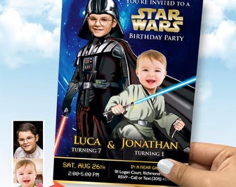 Personalized Darth Vader and Baby Jedi party invitation with children as the stars. 027IN