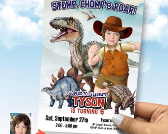 Dinosaurs birthday template with your boy as the star, Dinosaurs Photo Invite, Dinosaurs party digital invite, Velociraptor template. 635IN