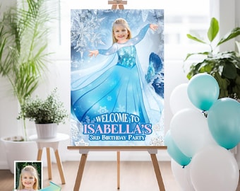 Custom Frozen Birthday Welcome sign with girl as Elsa, Frozen Entrance party. 2454WS