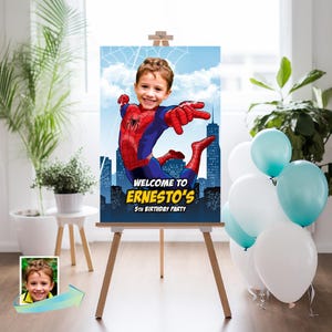 Letrero de bienvenida de Spider-Man con foto, fiesta de bienvenida de Spider-Man, letrero de cumpleaños de Spider-Man, impresión de entrada a fiesta de Spider-Man, letrero de araña. 101WS