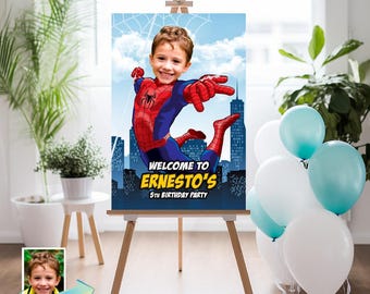 Spider-Man-welkomstbord met foto, Spider-Man-welkomstfeest, Spider-Man-verjaardagsbord, print Spider-Man-feestingang, Spider-bord. 101WS