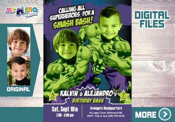Joint Hulk Party, Hulk Siblings Birthday, Joint Avengers Party, Hulk Siblings Invitation, Hulk Joint Party, Hulk Party for 2 boys, 418 Il_570xn