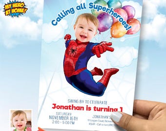 Spiderman 1st Birthday Party Invitation with photo, Spider-baby Party template, Baby Spiderman 1st party invitation, Spider 1st party.  2008