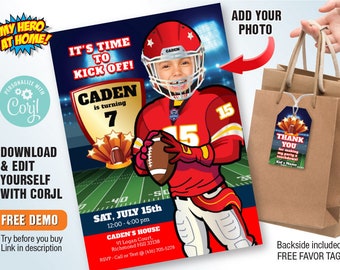 Football template with photo, DIY football template, Football party invitation, Custom Chiefs Invitation, Editable Chiefs template. 1149