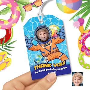 Pool Party Thank You and Favor Tags with kid in Orange Astronaut Suit. 2438PTY