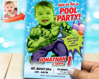 Personalized 1st Birthday Superheroes Pool Party Invitation with  Baby as Hulk. 2293B
