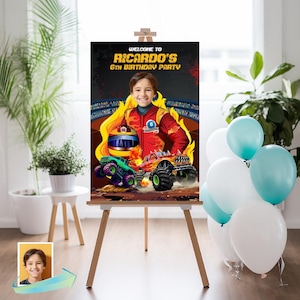 May include: A welcome sign for a 6th birthday party with a monster truck theme. The sign features a photo of a boy in a red racing suit and a monster truck. The text on the sign reads "Welcome to Ricardo's 6th Birthday Party".