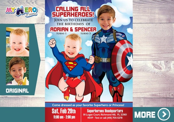 Captain America and Superman Invitation. Siblings Superheroes Party. Joint Superheroes Birthday Invitation. Super Brothers Invitation. 083 Il_570xn