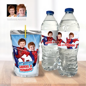 Personalized Joint Spiderman water wrappers, Joint Spiderman labels, Spider-man 2 siblings labels, Joint Spiderman juice pouch label. 2270WJ