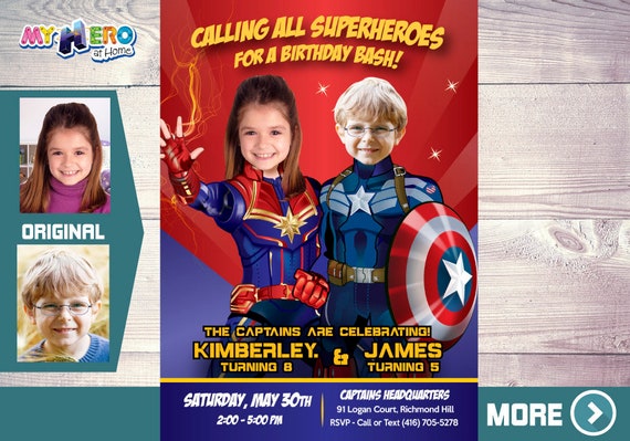 Captain Marvel and Captain America Birthday Invitation. Superheroes Siblings Party. Joint Captain America and Captain Marvel Party. 236 Il_570xn
