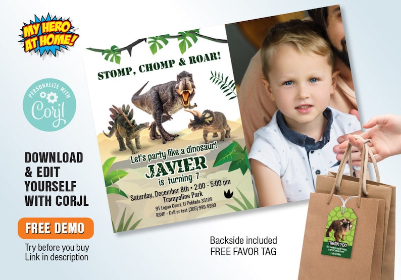 T-Rex Invitation with photo, Dinosaurs Photo Invitation, Tyrannosaurs Invitation, Tyrannosaurs favor tags, T-Rex photo Invitation. 1042H image 1