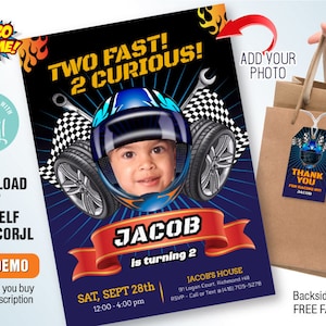 Two Fast two curious Invitation, DIY Race Car Photo invitation, Racer Car Invitation, Racer Car favor tags, Racer Car birthday. 1091