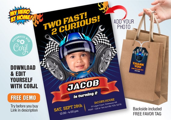 Two Fast two curious Invitation, DIY Race Car Photo invitation, Racer Car Invitation, Racer Car favor tags, Racer Car birthday. 1091 Il_570xn
