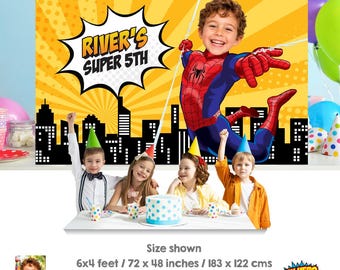 Personalized Spider-Man Comic Style Birthday Backdrop With Child as the Star. 2492BB3