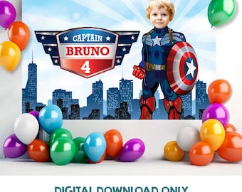 Sfondo personalizzato per compleanno di Capitan America con foto, striscione decorativo per feste di Capitan America. 075BB