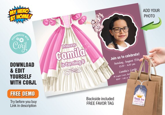 Princess Invitation with your photo, Editable Princess photo invitation, Princess themed birthday, Princess editable template. 1073H Il_570xn
