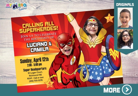 Flash and Wonder Woman Invitation. Wonder Woman and Flash Party. Joint superheroes Party. Super Siblings Party Invitation. 150 Il_570xn