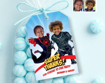 Miles Morales and Black Panther Thank You Favor Tags with kids as the superheroes. 522TY