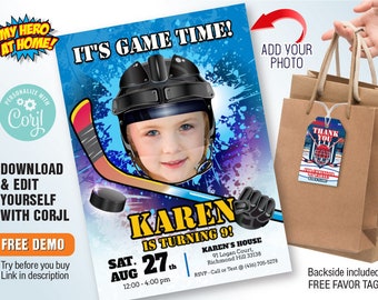 Hockey invitation with photo, Hockey girl invitation, Black helmet Hockey invitation, Hockey template invitation, Hockey party favors. 1064